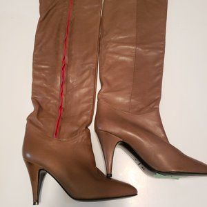 Beige Knee High Boots Red Accent